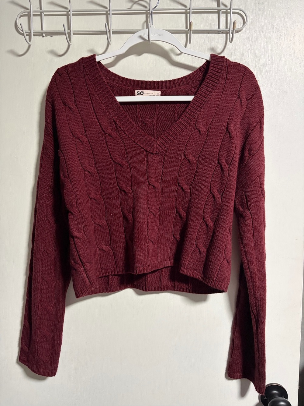 SO Burgundy Cable-Knit V-Neck Cropped Sweater